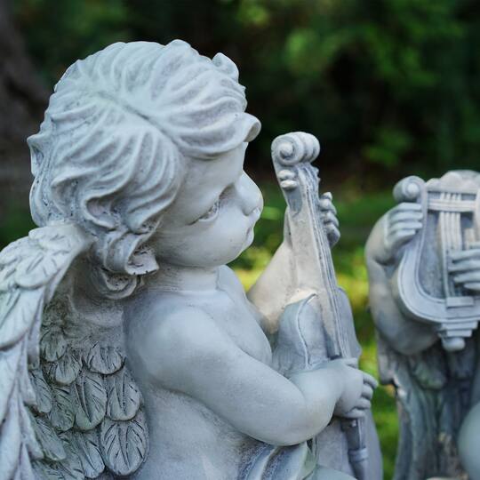 14.75" Gray Cherub Angels with Violin & Harp Sitting on Finials Outdoor Garden Statues